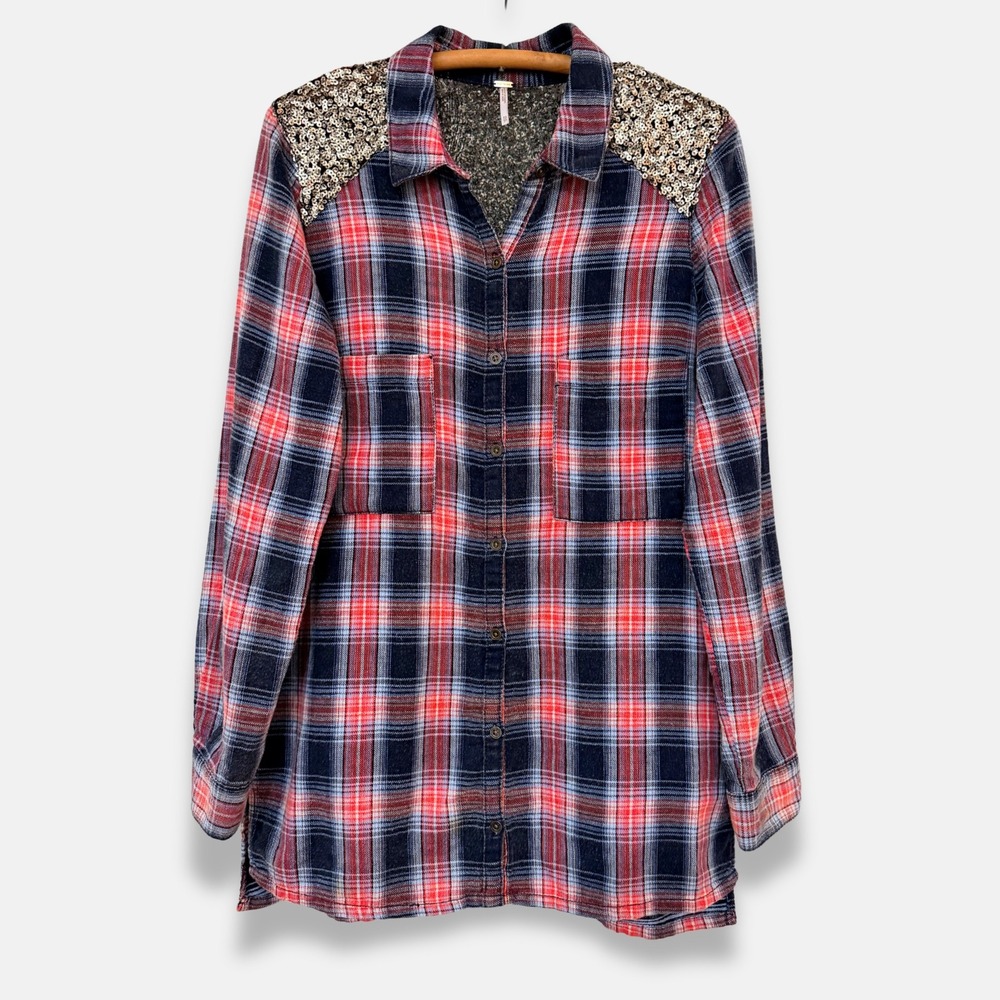 Free People Sequin Plaid Flannel Shirt Red Navy XS Boho